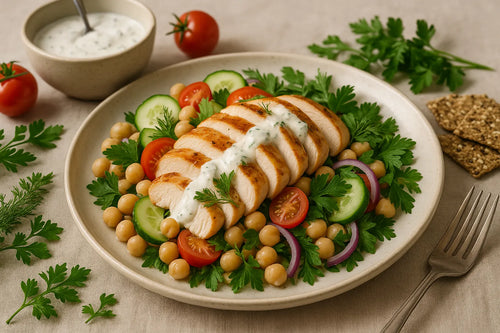 Plato de pollo con tzatziki y garbanzos