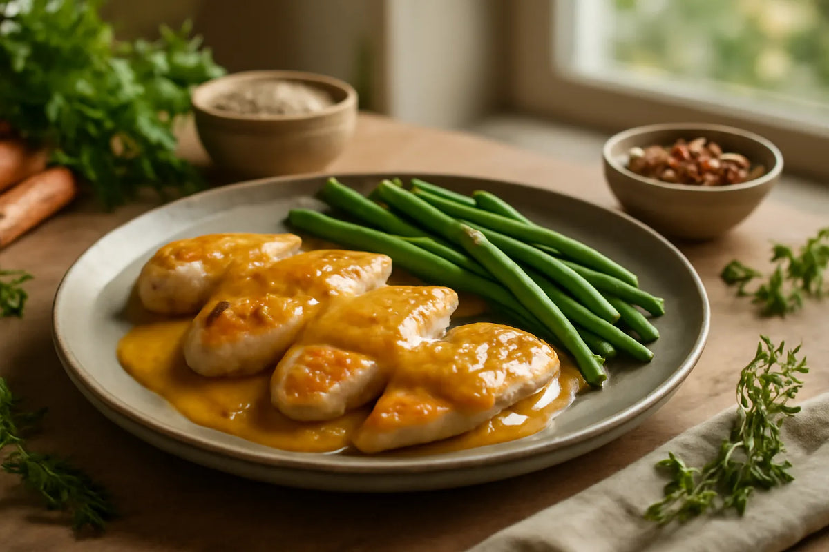 Chicken with mustard sauce and green beans