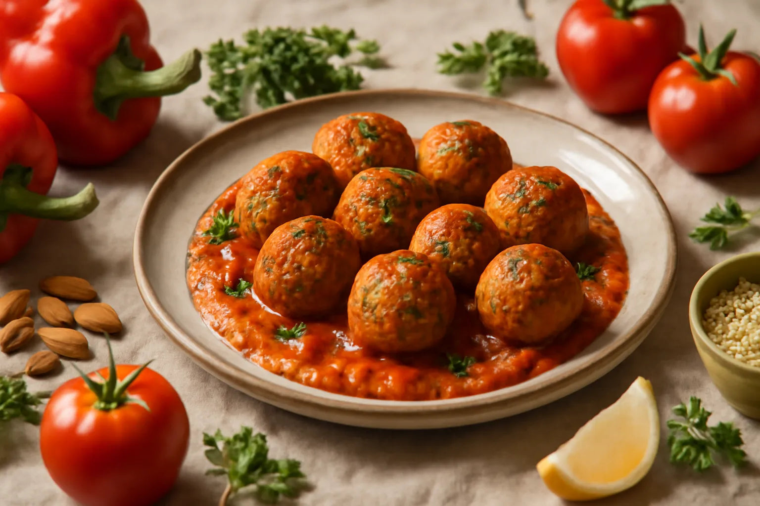 Chickpea albondigas with romesco