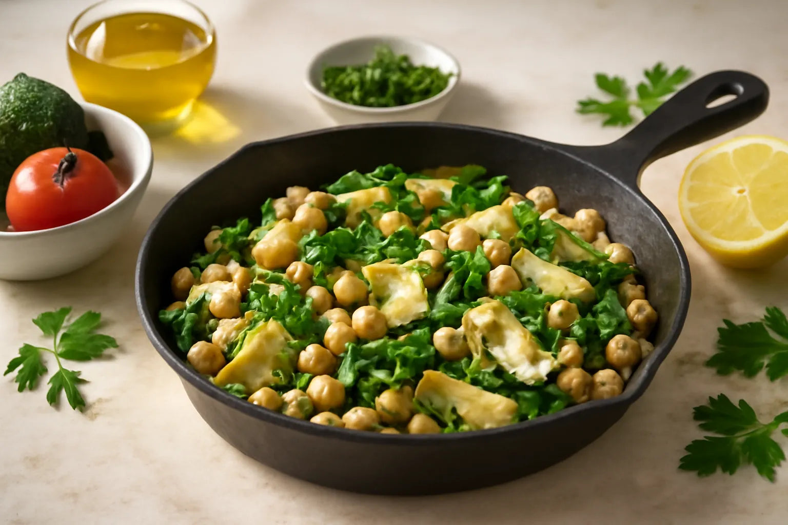 Poêlée de pois chiches et d'artichauts