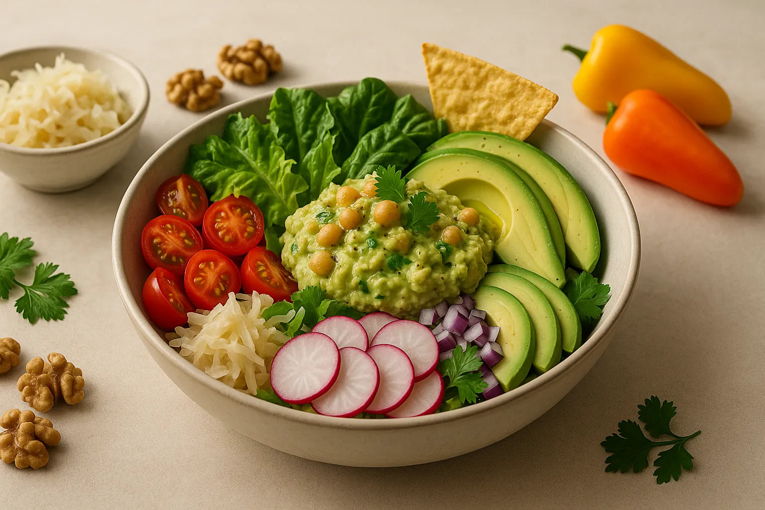 Tazón de garbanzos con guacamole estilo taco