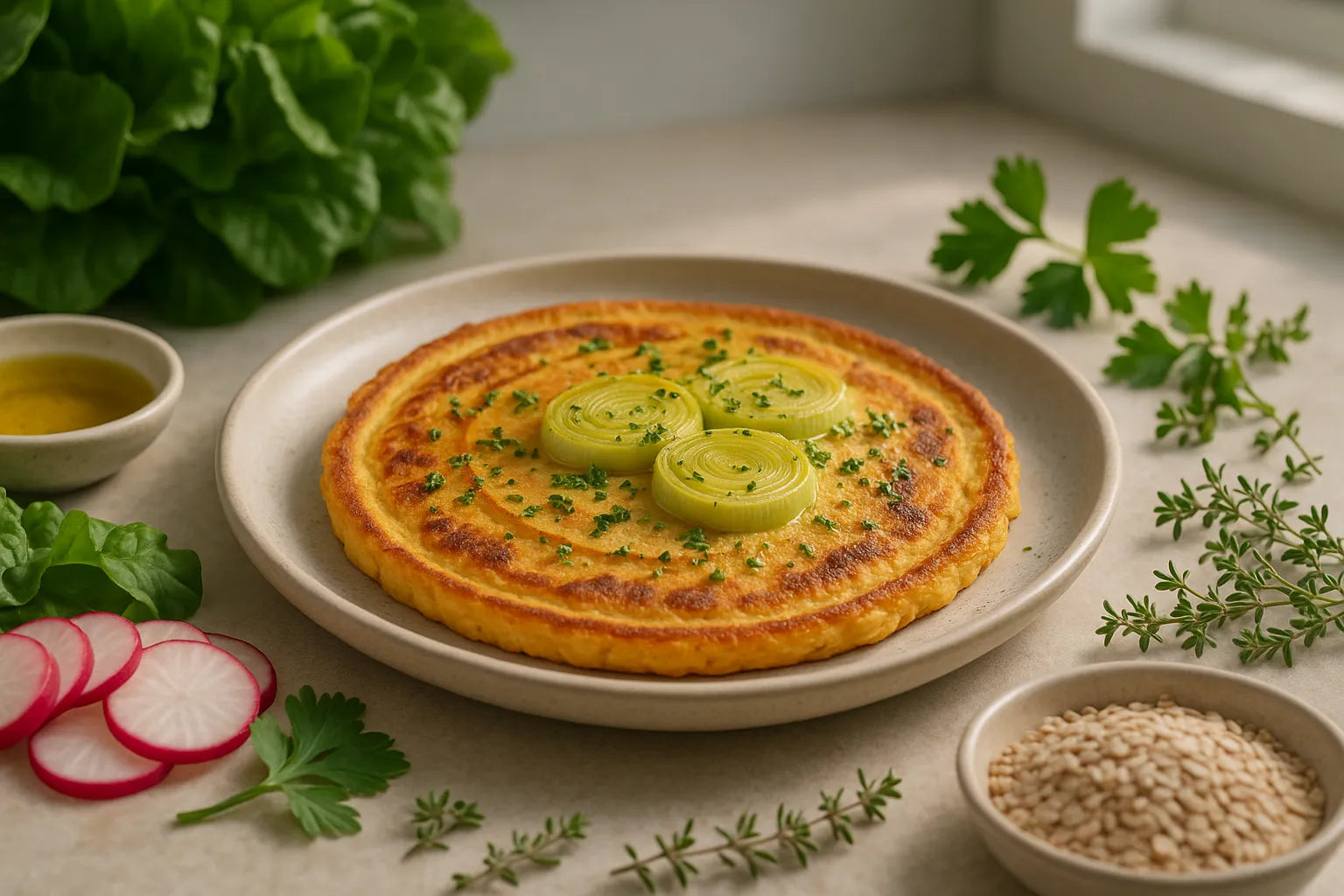 Chickpea pancake with leek