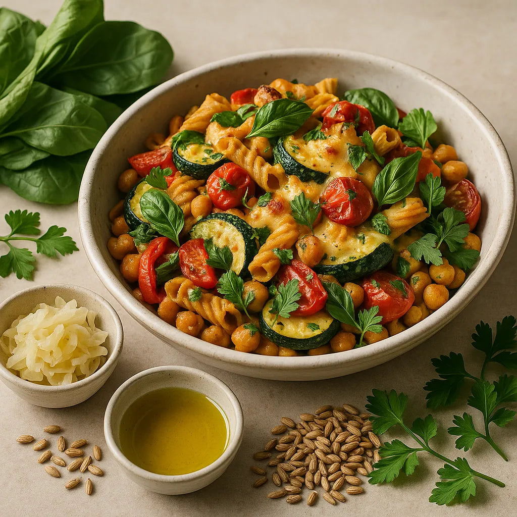 Pasta de garbanzos con verduras al horno