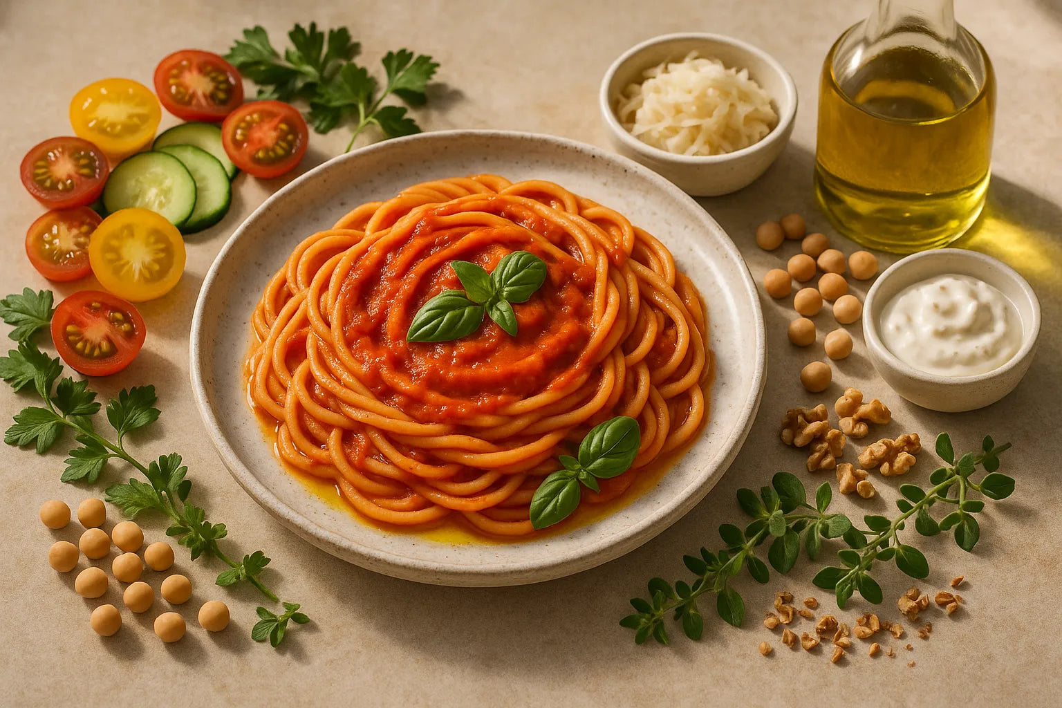 Pasta de garbanzo con salsa de tomate albahaca