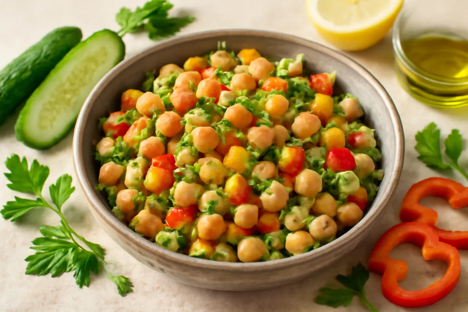Kikkererwtensalade met komkommer en paprika's