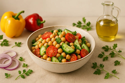 Chickpea salad with cucumber and tomato