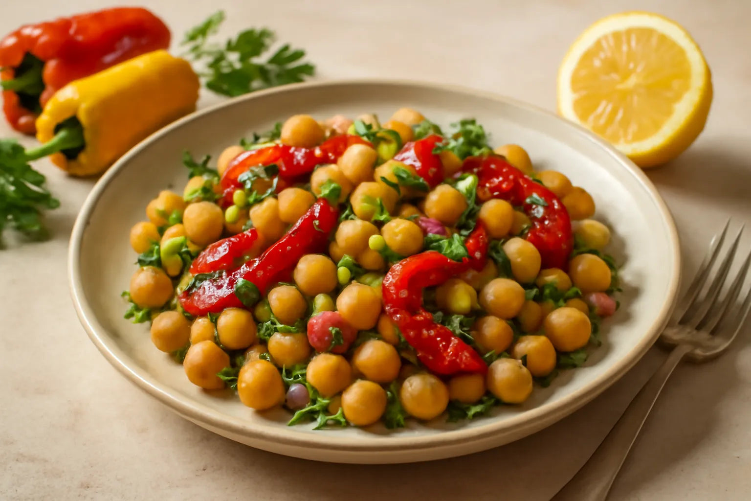Kikkererwtensalade met geroosterde paprika's