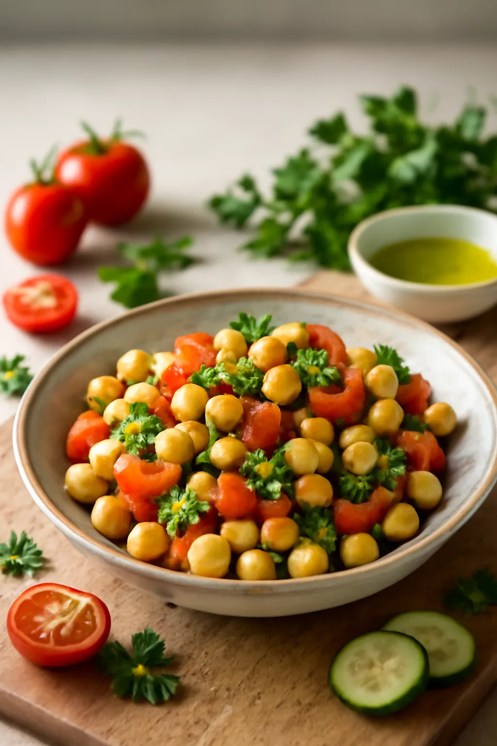 Kikkererwtensalade met tomaat en komkommer