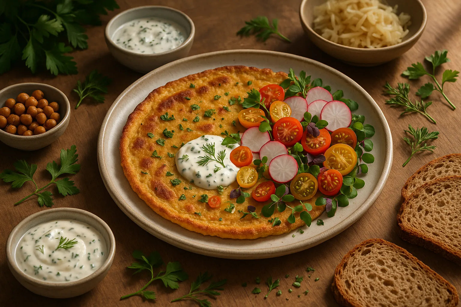 Chickpea Socca with Herbs and Yogurt Sauce