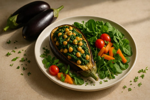 Chickpea Spinach Stuffed Aubergine