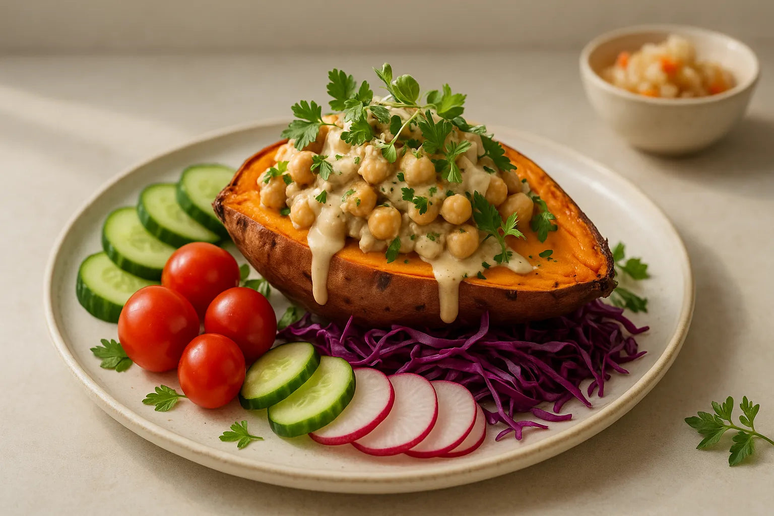 Batata rellena de garbanzos y tahini