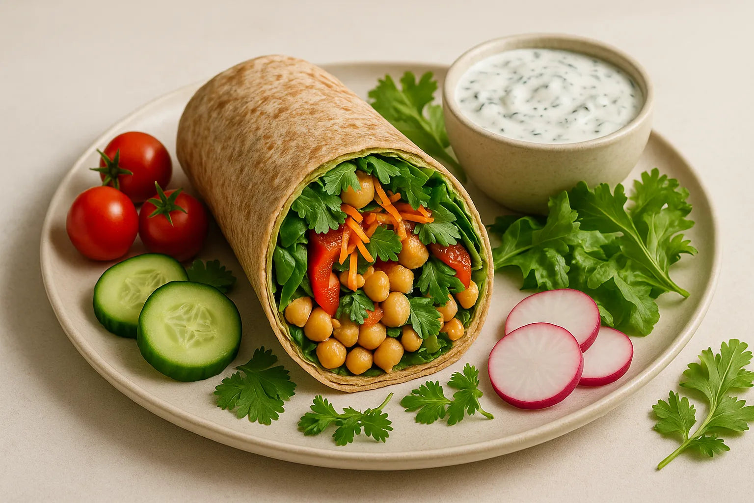 Chickpea Veggie Wrap with Yogurt Herb Sauce