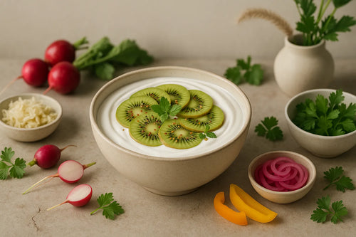 Tazón de yogur de coco con linaza y kiwi