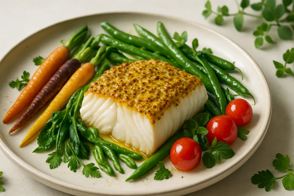 Cod with mustard crust and vegetables