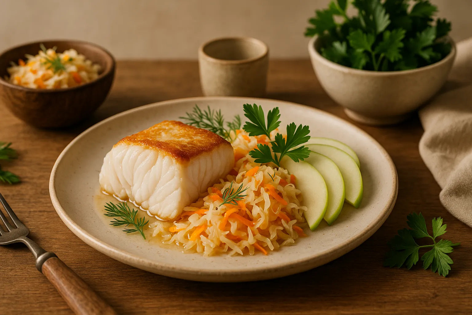 Cod with sauerkraut and apple