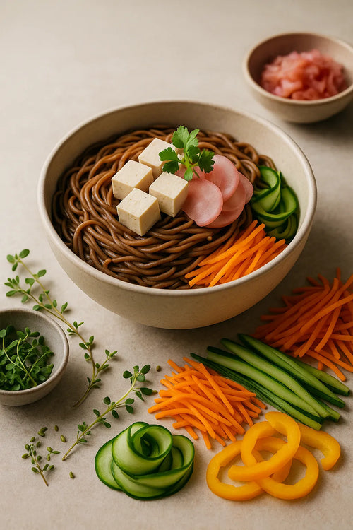 Cold Buckwheat Noodle Bowl with Tofu and Pickled Radish