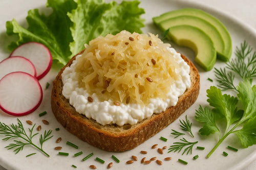 Tostada de queso cottage con sauerkraut