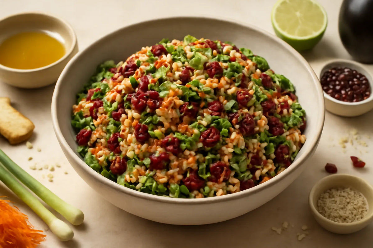 Salade de riz complet aux haricots azuki et aux canneberges, sauce au gingembre et au sésame