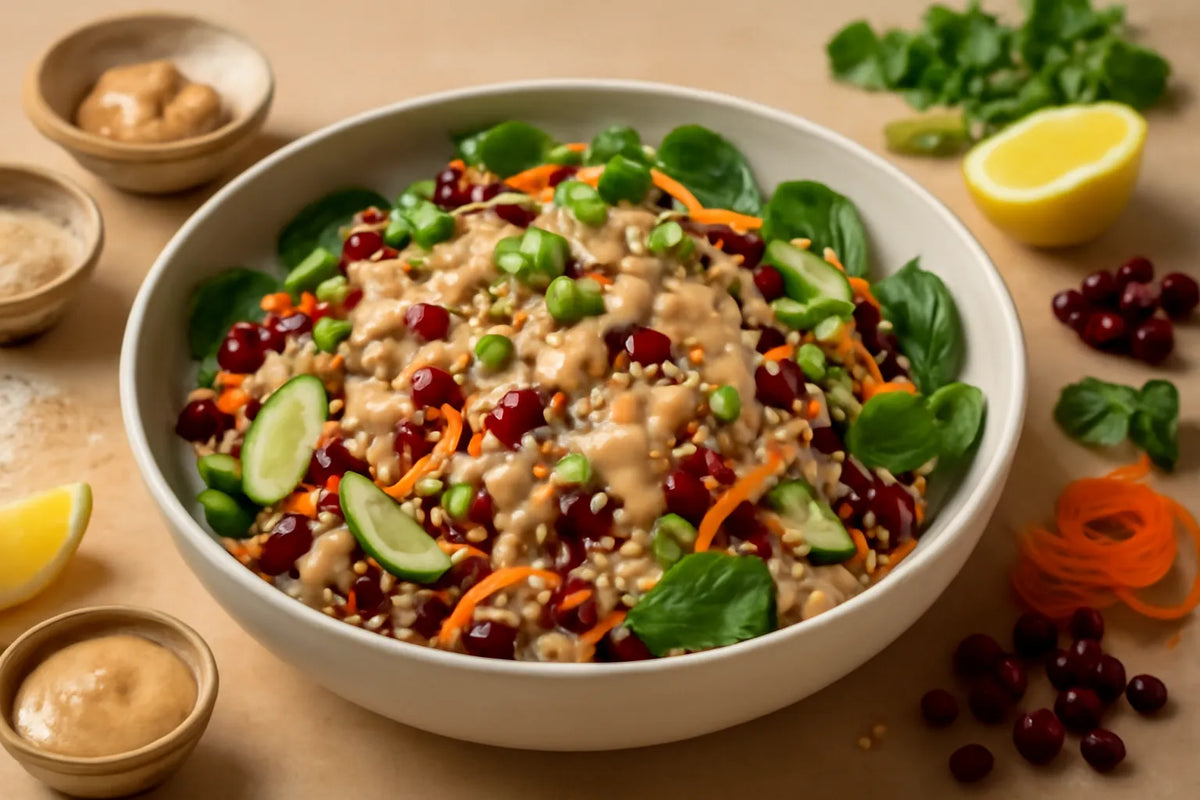 Salade de riz complet aux haricots azuki et aux canneberges, sauce miso-tahin