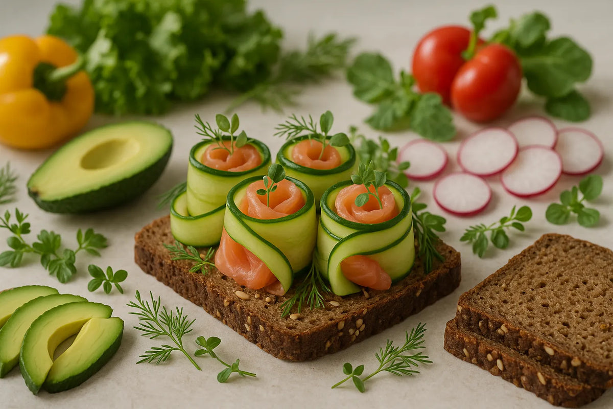 Cucumber salmon rolls with rye bread