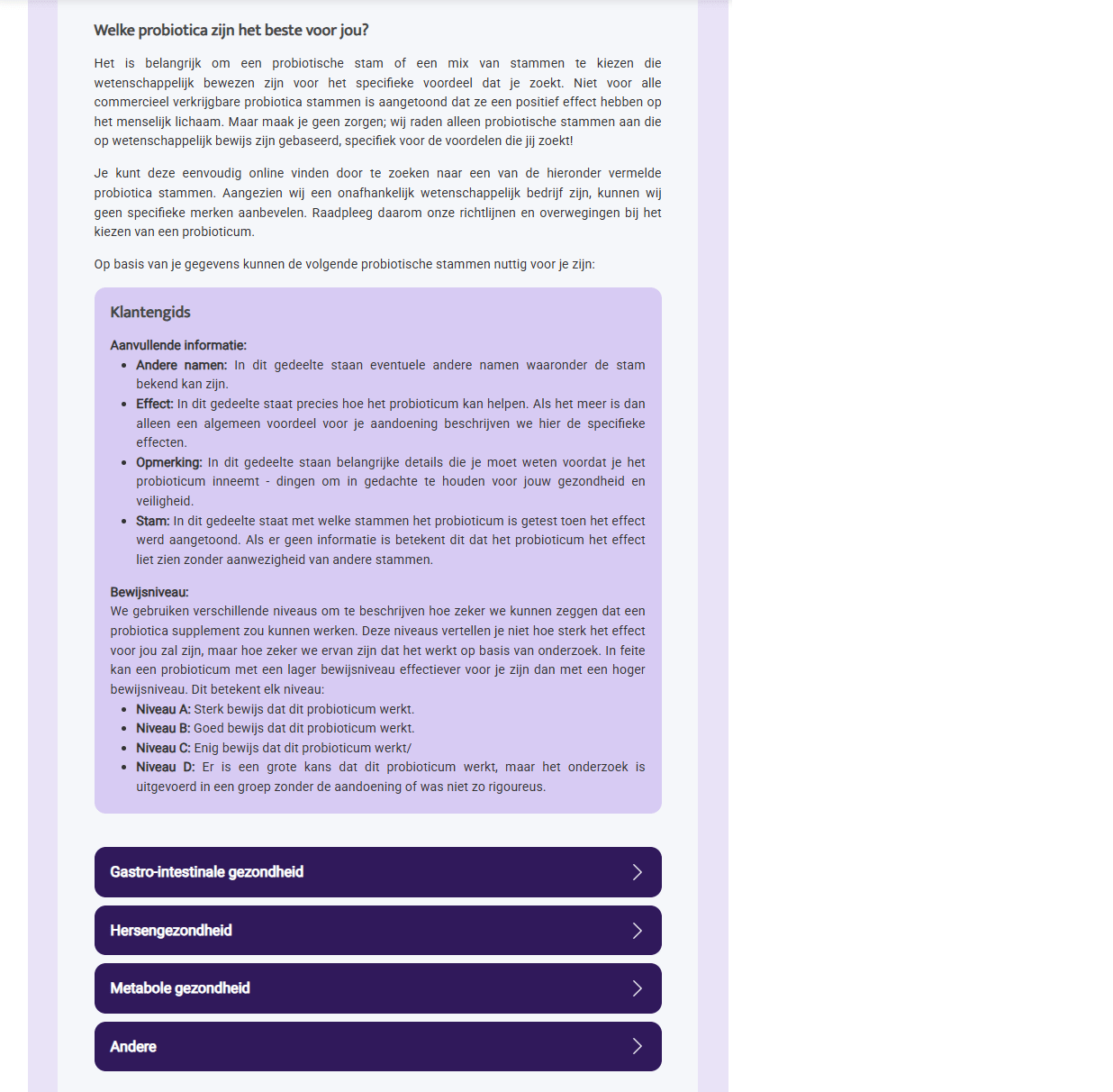 InnerBuddies personalized supplement advice page with detailed probiotic strain information and health categories