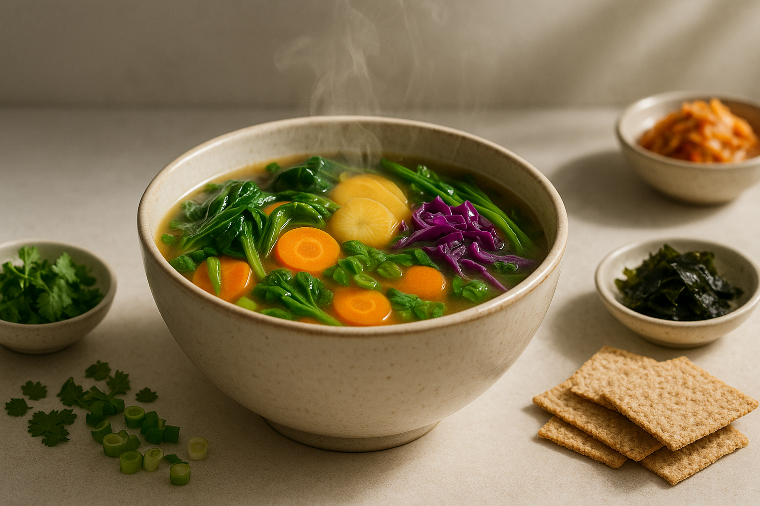 Sopa de miso com gengibre e legumes