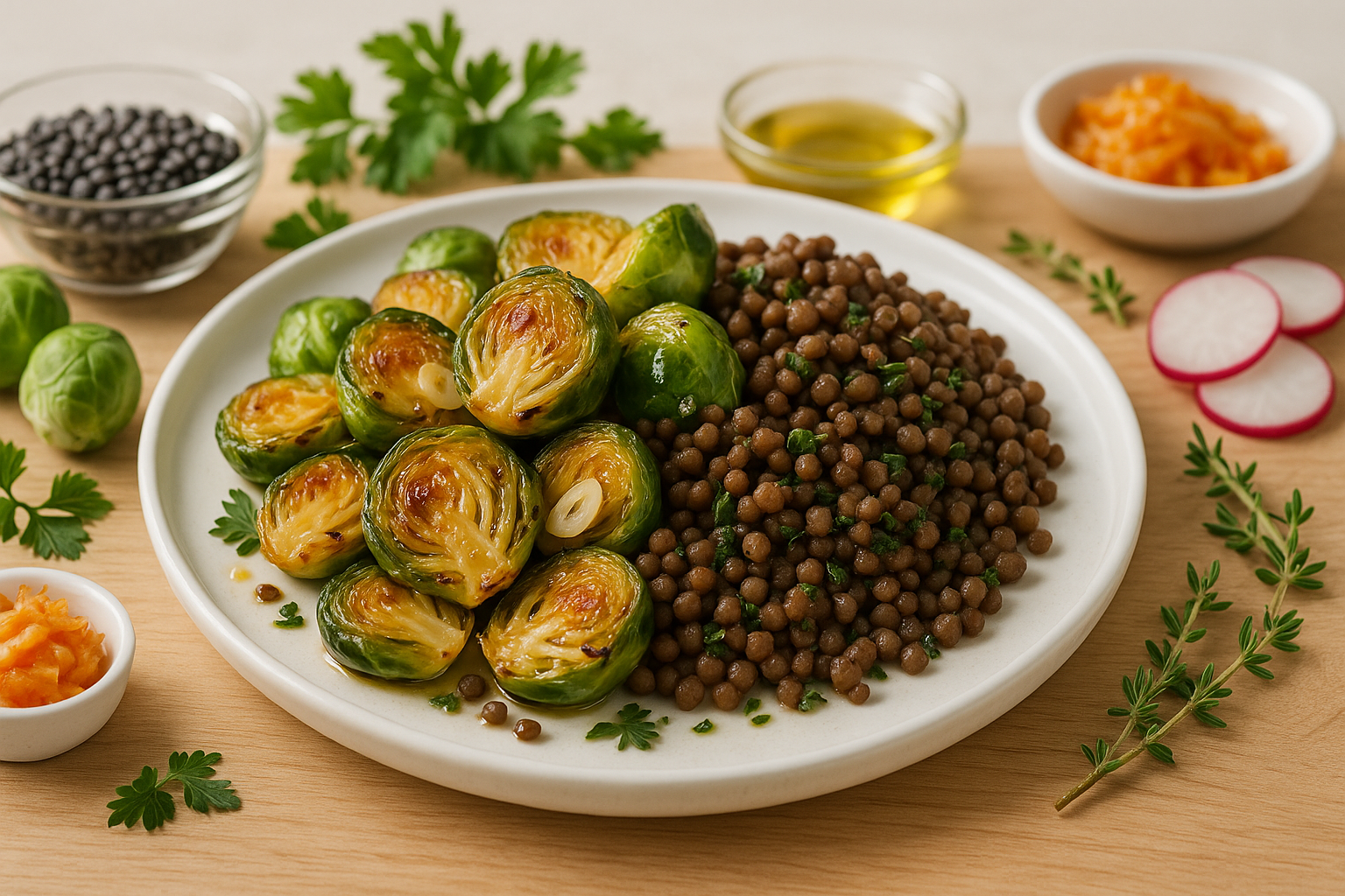 Knoblauchgerösteter Rosenkohl mit Linsen