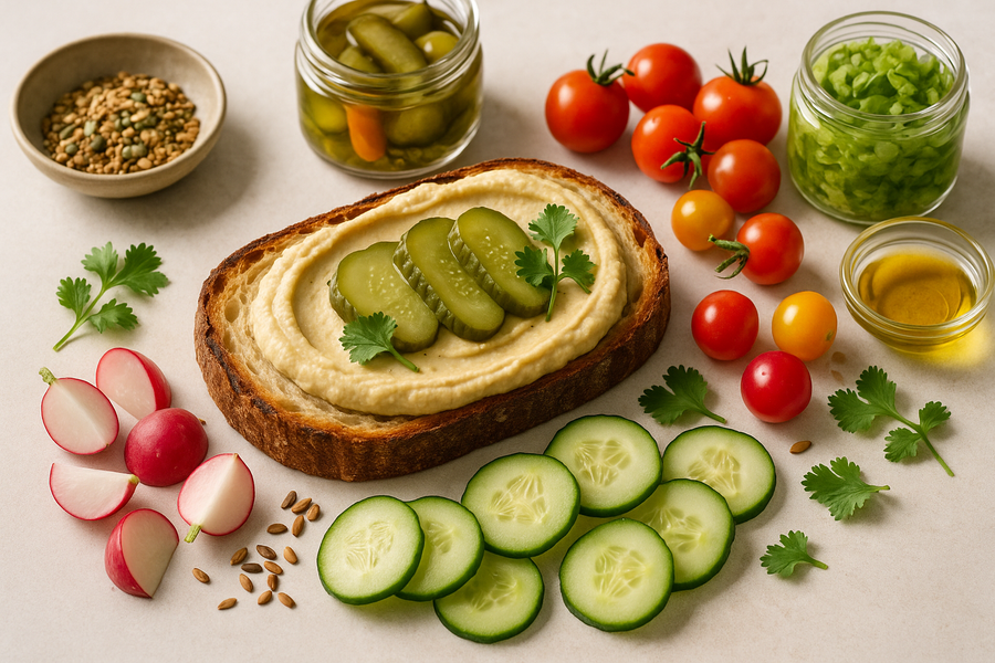 Sourdough Toast with Hummus and Fermented Pickles
