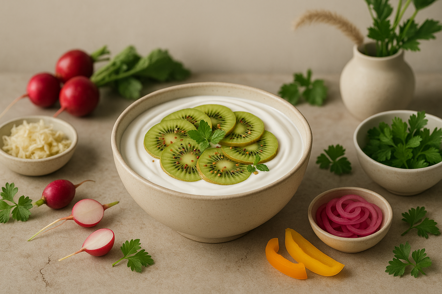 Kokos-Joghurt-Bowl mit Leinsamen und Kiwi