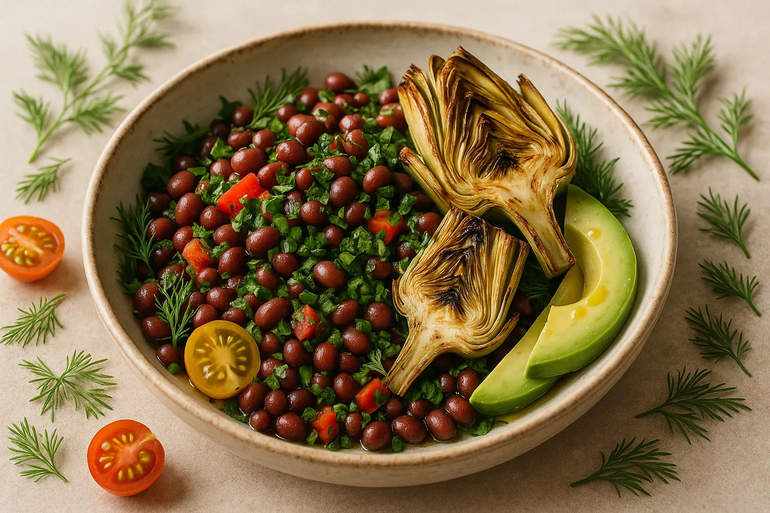 Dill Adzuki Bean Salad with Charred Artichoke