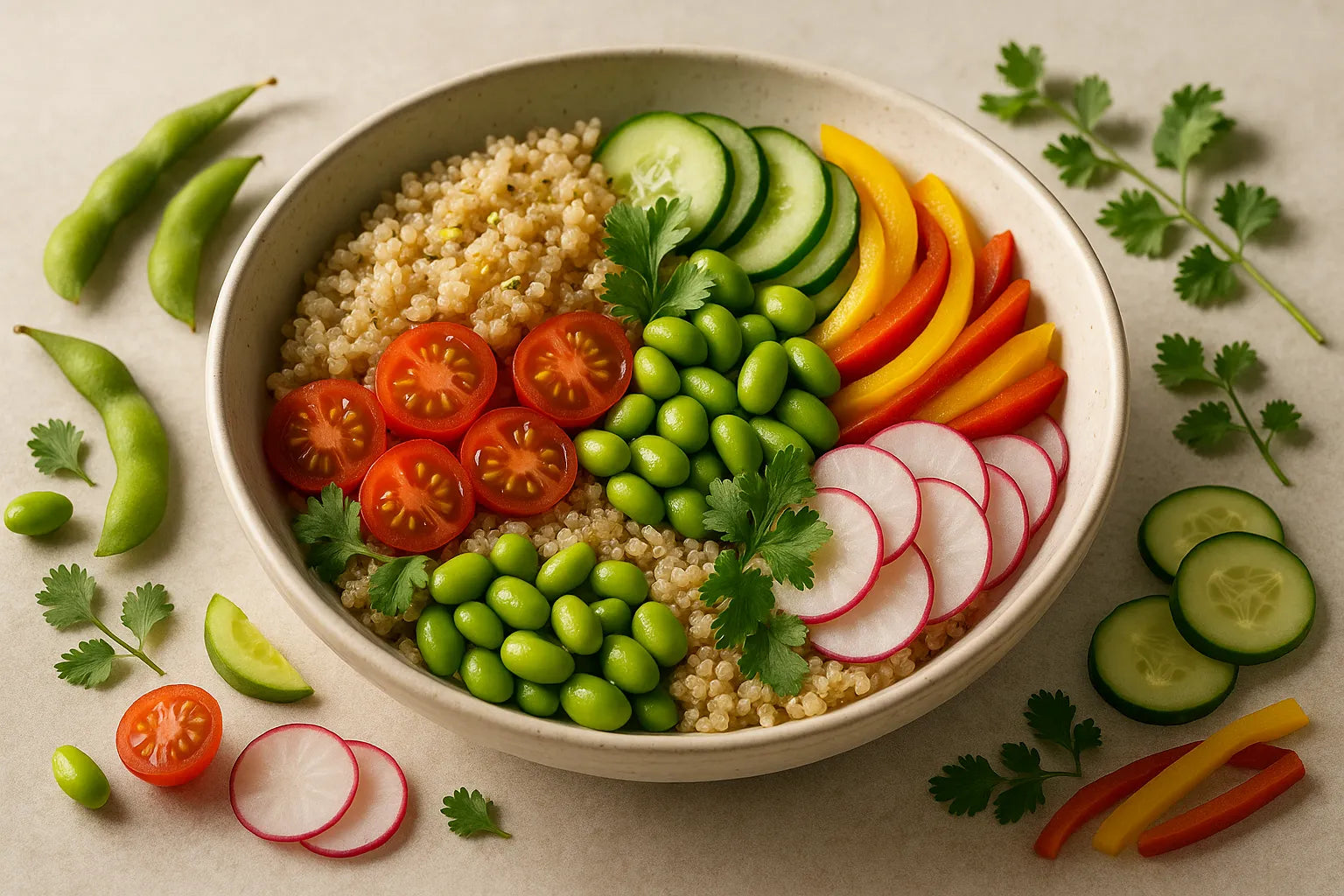 Tazón de quinoa con edamame y verduras