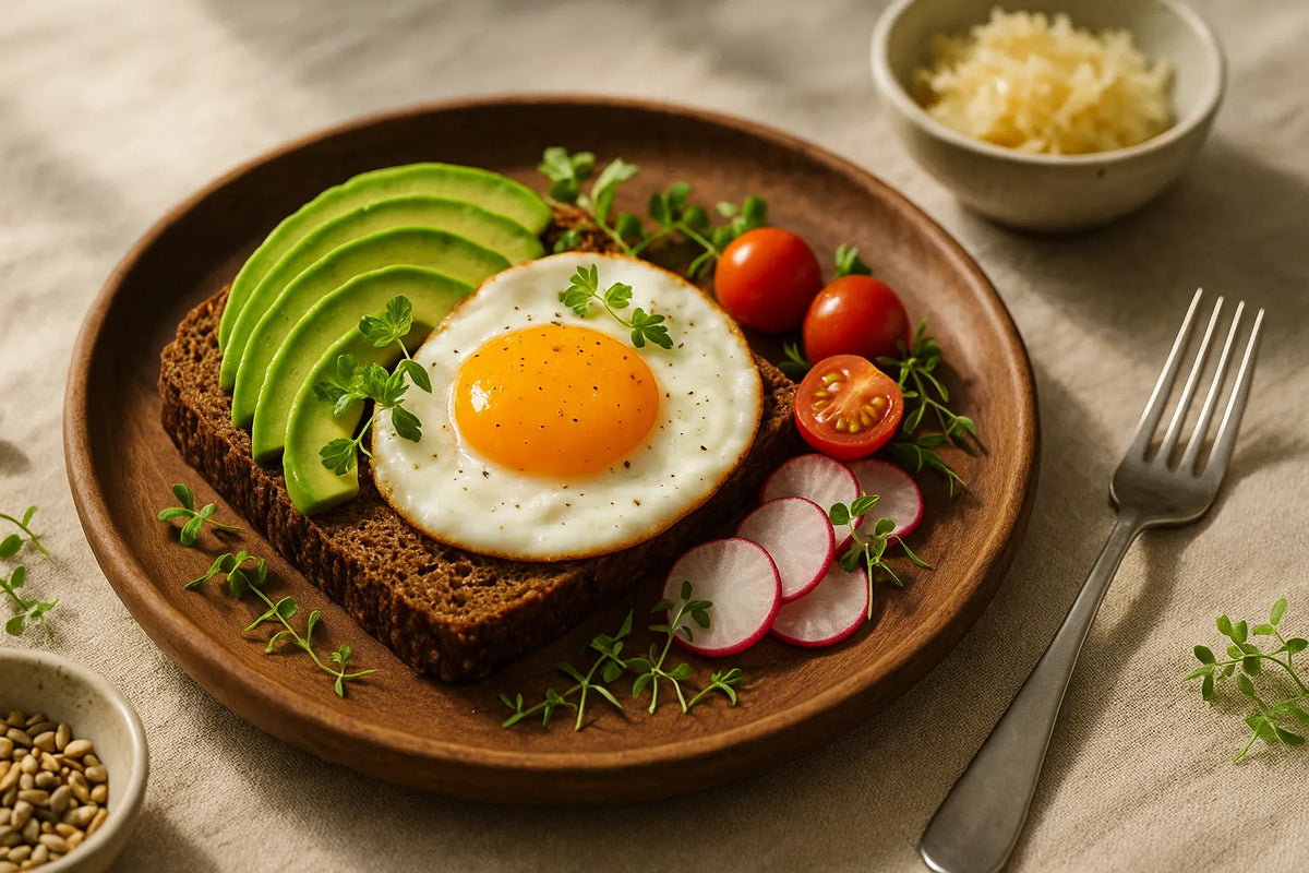 Egg with avocado on rye bread