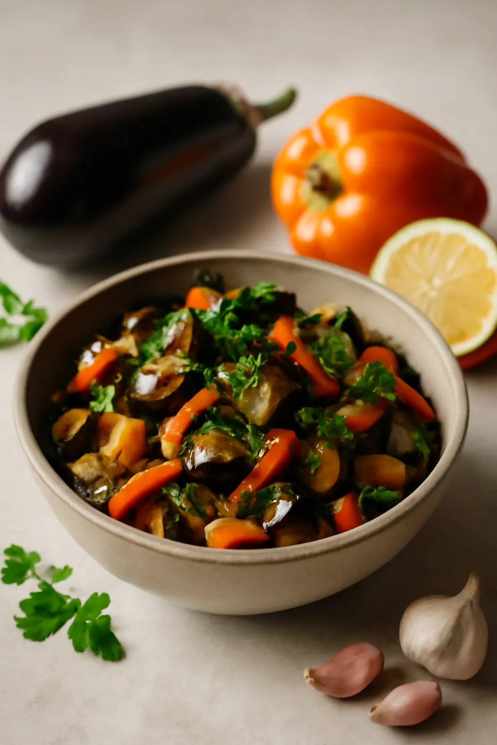 Aubergine- en paprikasalade