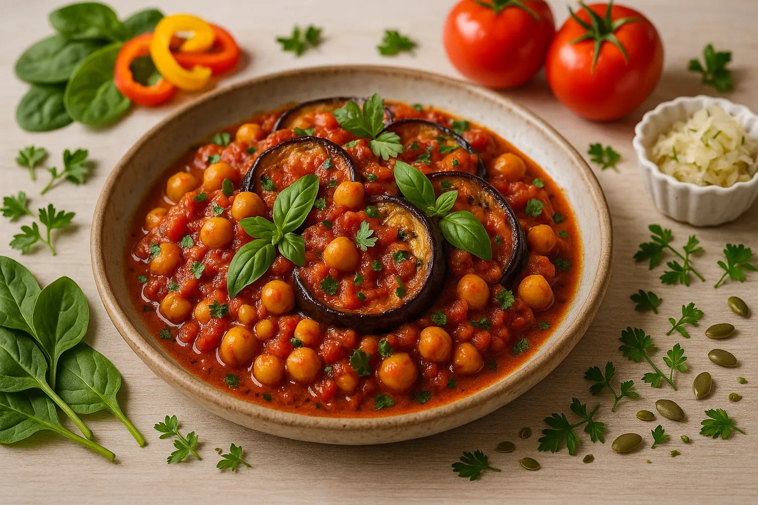 Horneado de berenjena con garbanzos y tomate