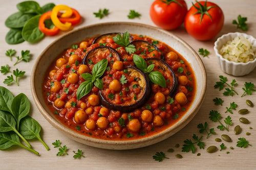 Horneado de berenjena con garbanzos y tomate
