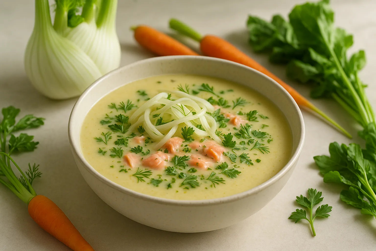 Fennel soup with salmon
