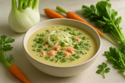Fennel soup with salmon