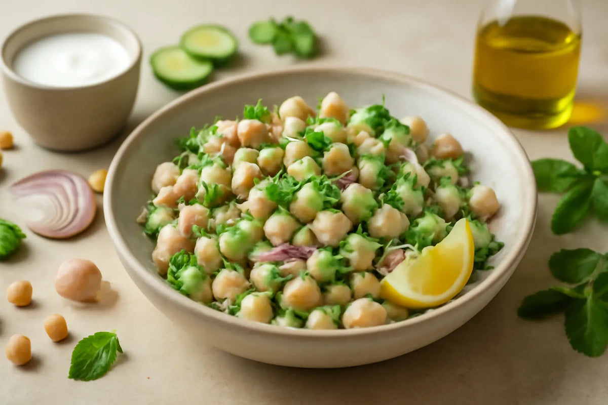 Insalata fermentata di cetrioli, ceci e kefir
