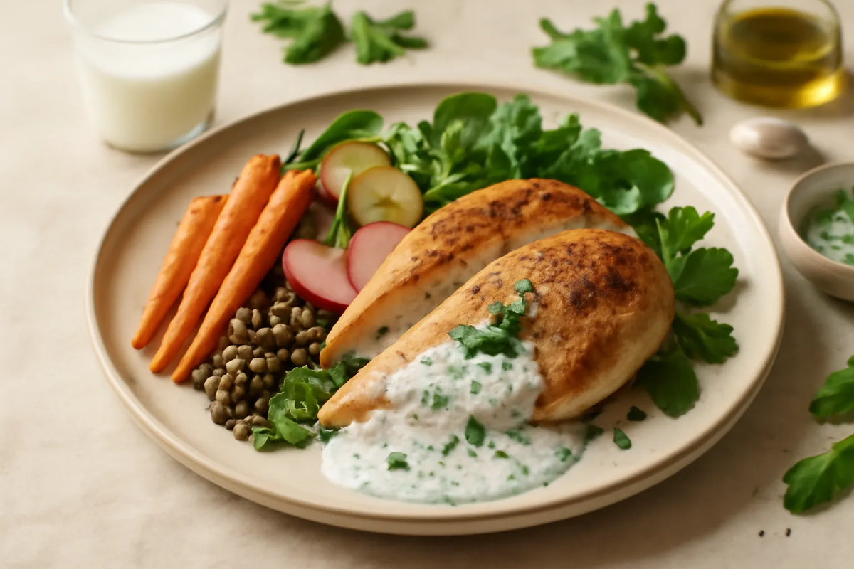 Plato de pollo con kéfir fermentado y hierbas