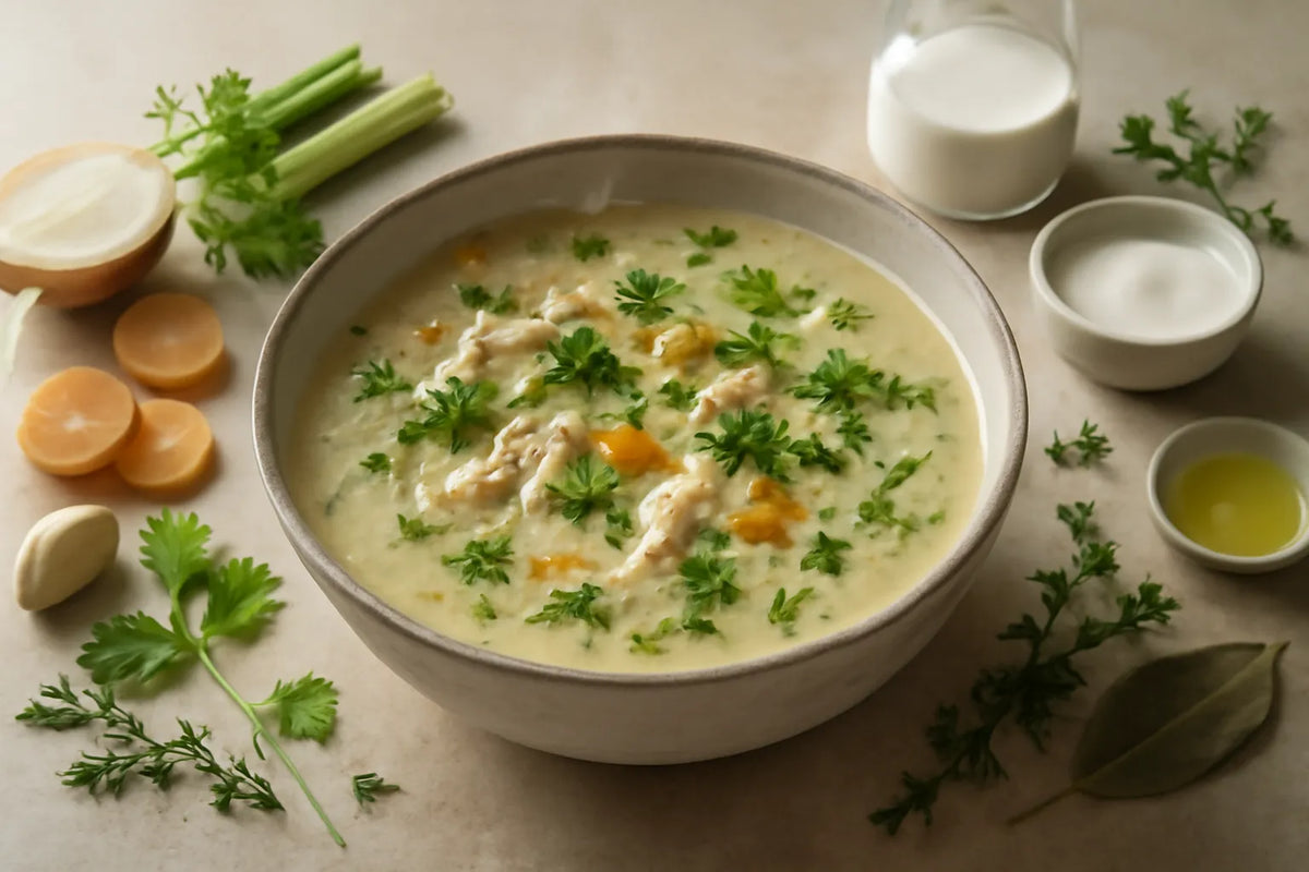 Zuppa di pollo alle erbe con kefir fermentato