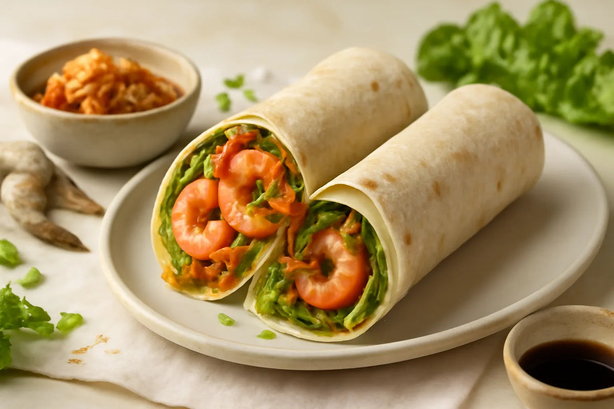 Wrap z krewetkami i fermentowanym kimchi