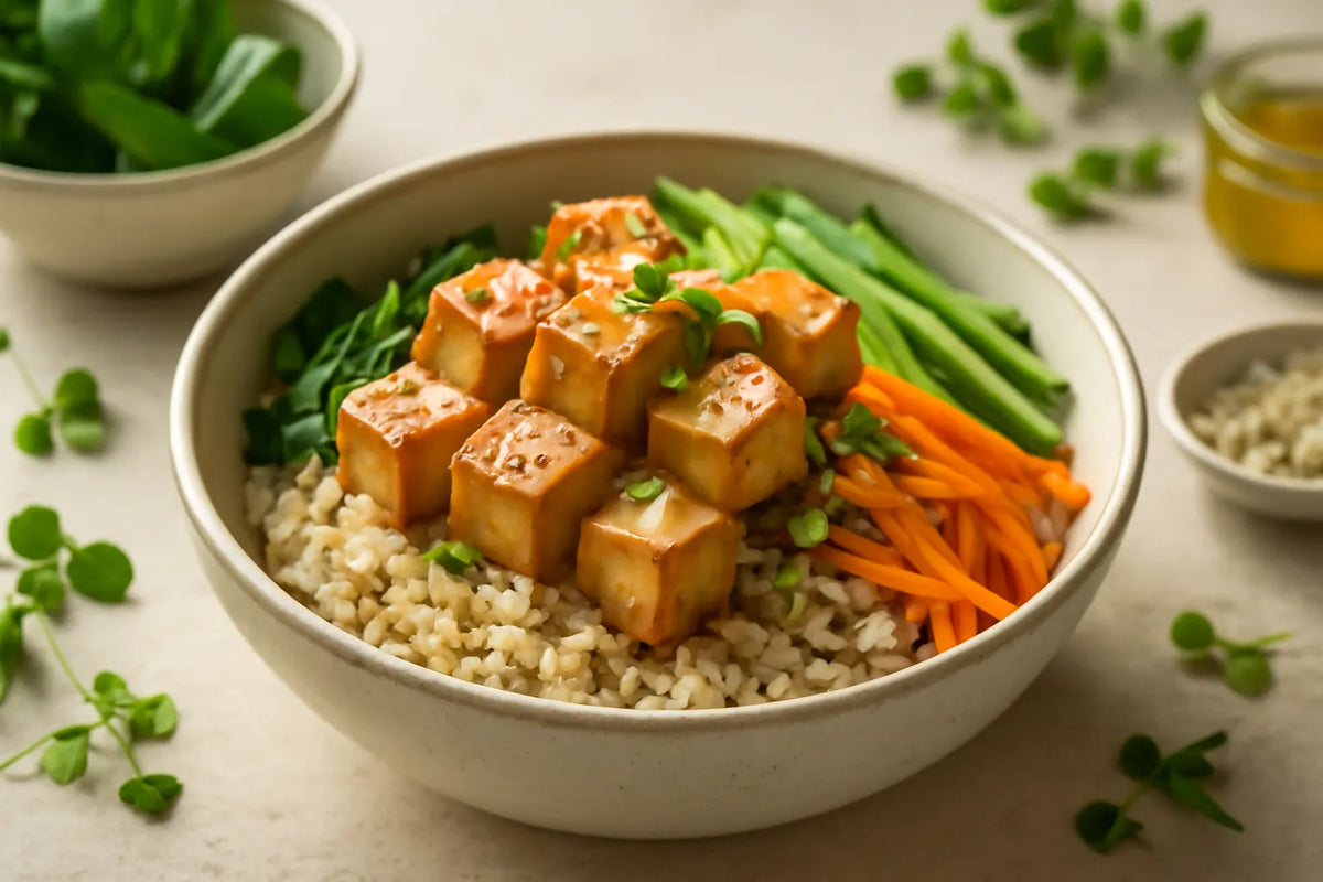 Tazón de tofu con miso fermentado y tahini