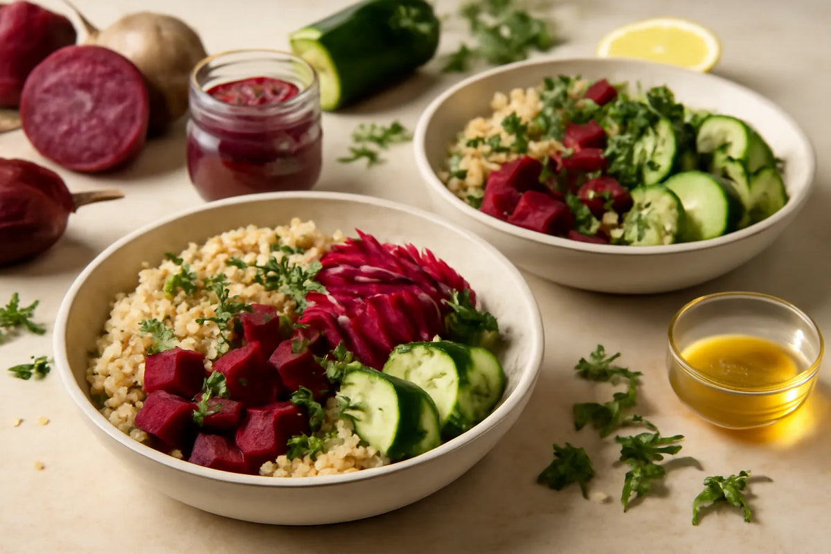 Lunchbox meal prep z komosą ryżową i fermentowanymi marynowanymi burakami
