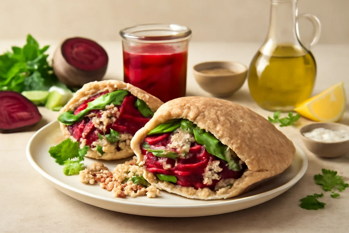 Pita di quinoa con barbabietole fermentate e sottaceto