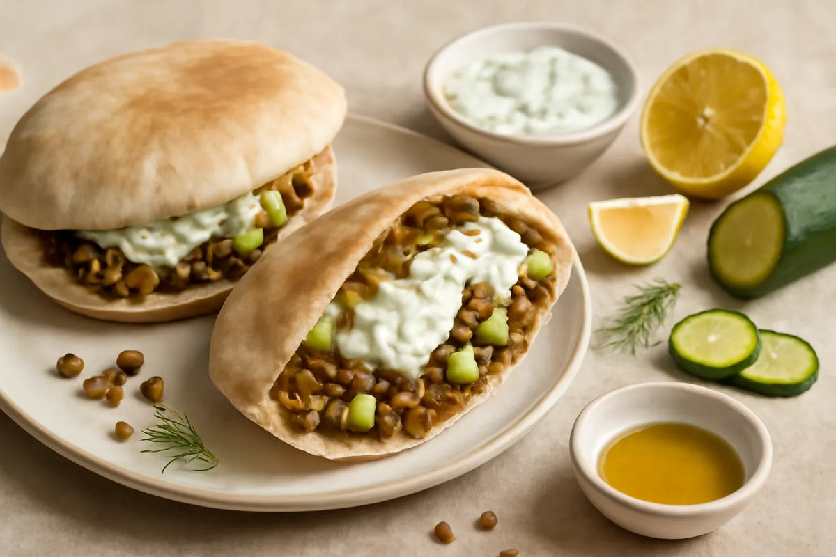 Pita aux lentilles, yaourt fermenté et aneth