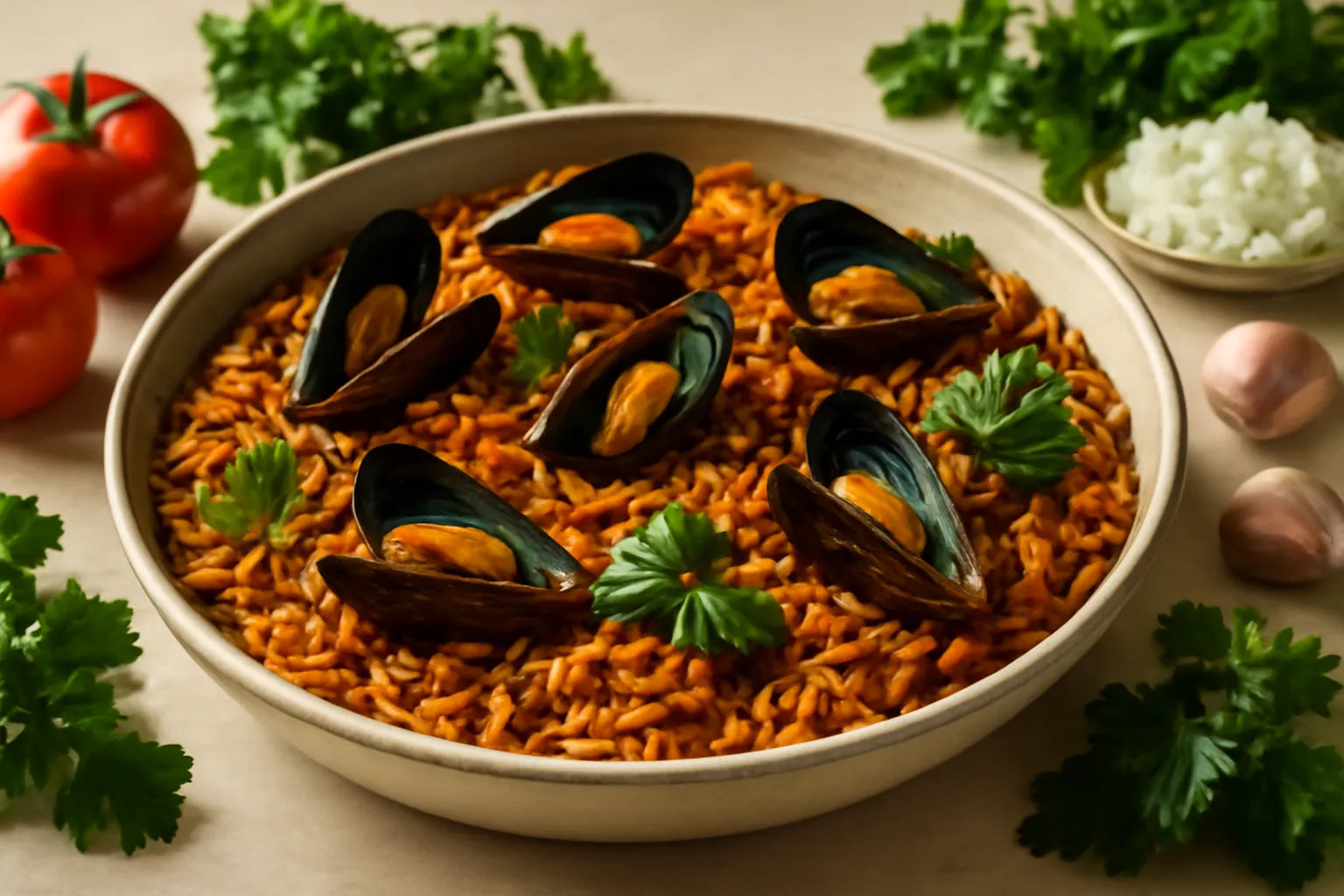 Fideuà with mussels and tomato