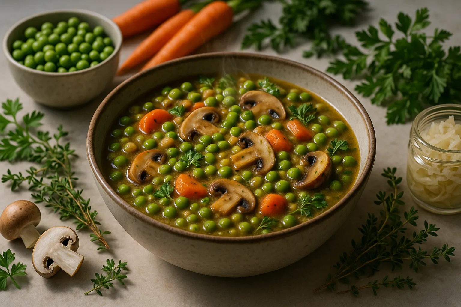 Field pea stew with mushrooms