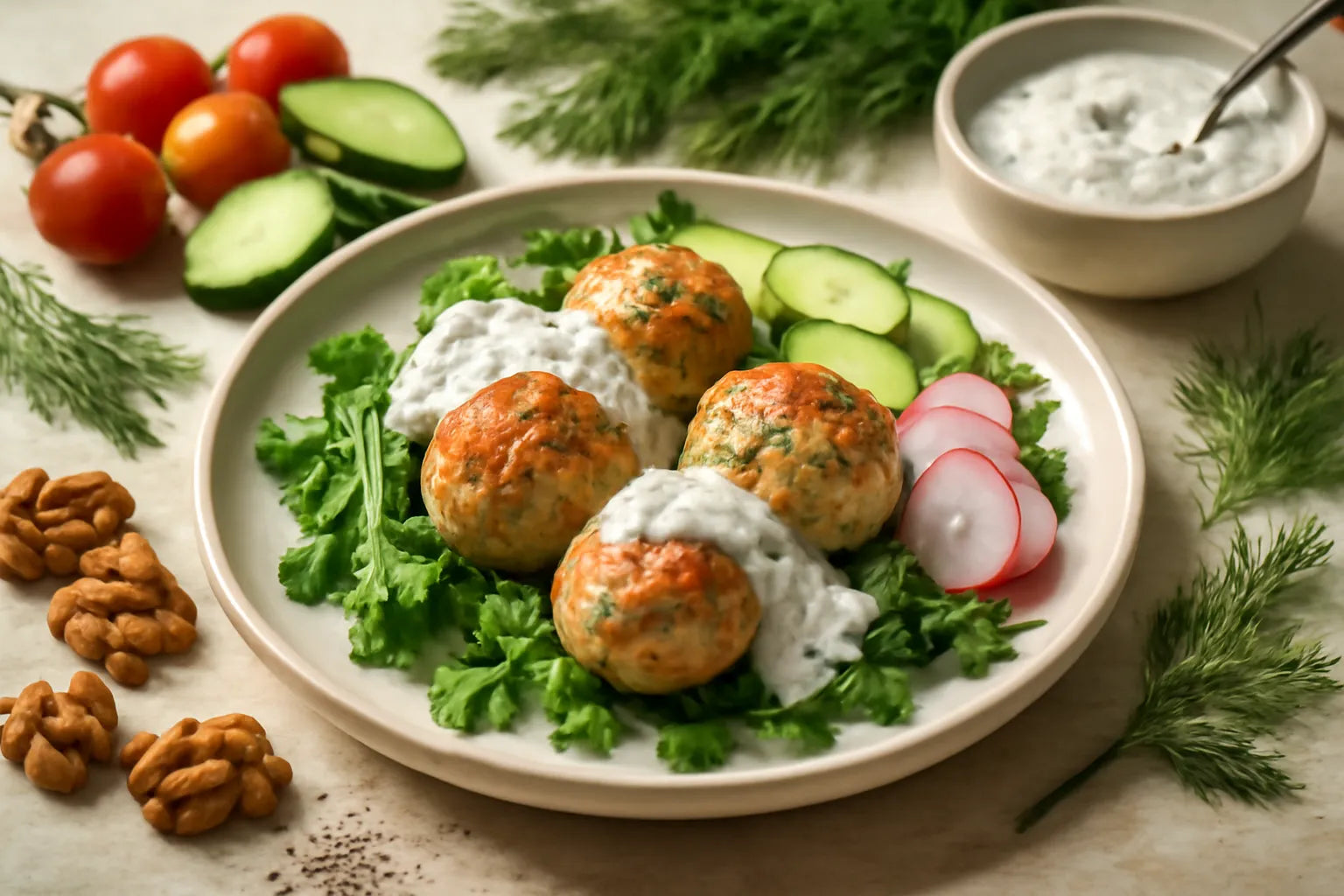 Fish meatballs with dill yogurt sauce