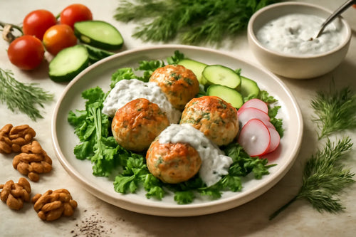 Fish meatballs with dill yogurt sauce