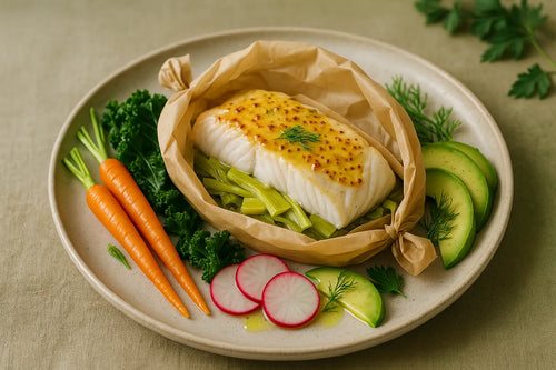 Fish parcel with leek and mustard
